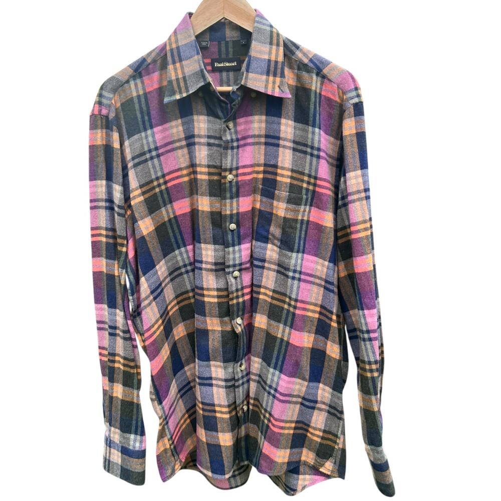 Paul Stuart Flannel Button Down Shirt Plaid Cotton Long Sleeve Pink Blue Large